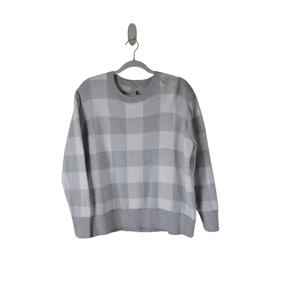 LL Bean Womens‎ Gray White Buffalo Plaid Cotton Cashmere Sweater Large 517107